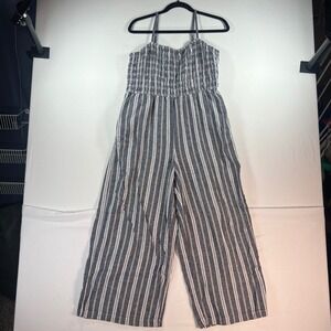 Gap Womens Linen Blend Smocked Wide Leg Jumpsuit Blue White Striped Size L